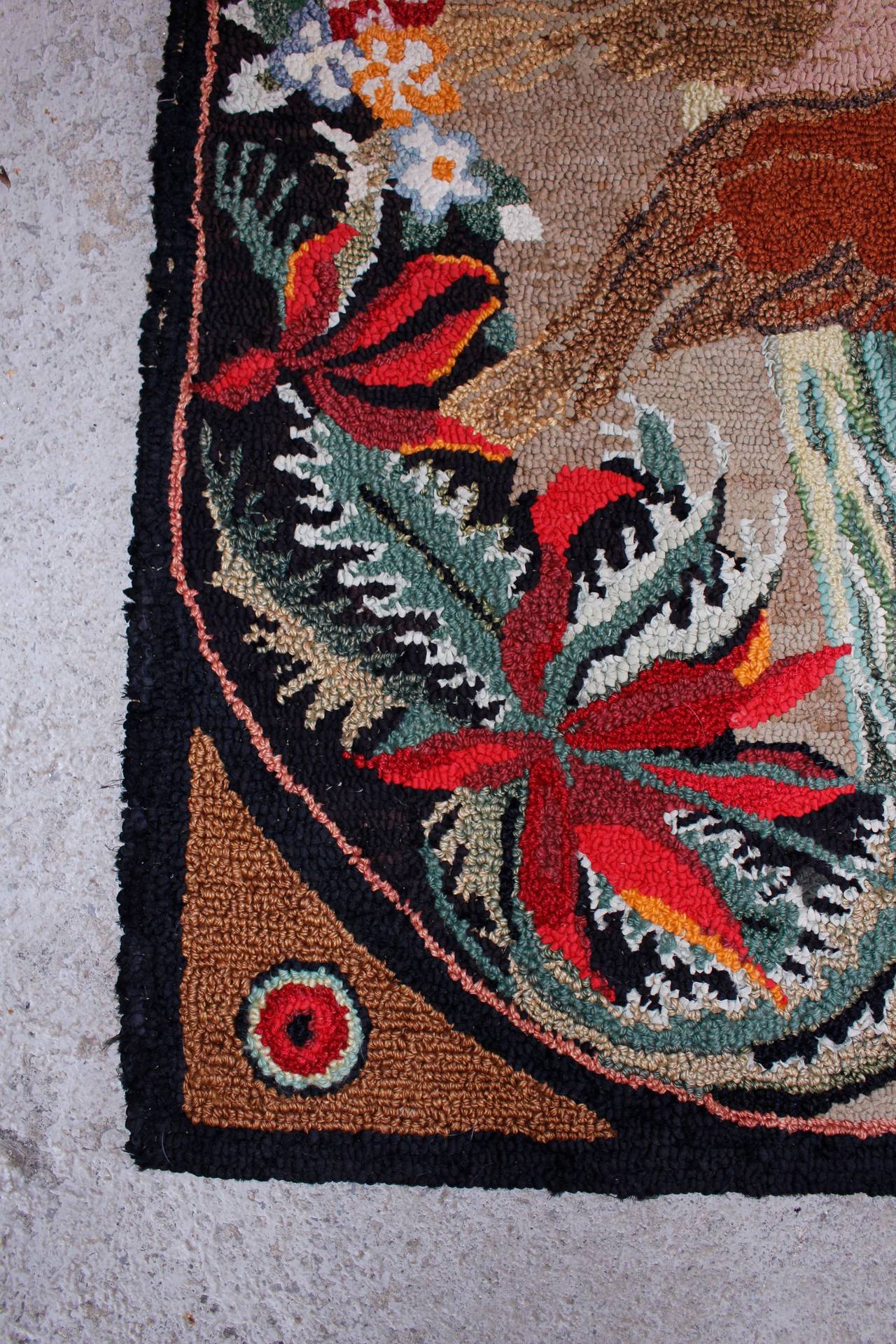 Colorful Handmade Hook Rug In Fair Condition For Sale In Woodbury, CT