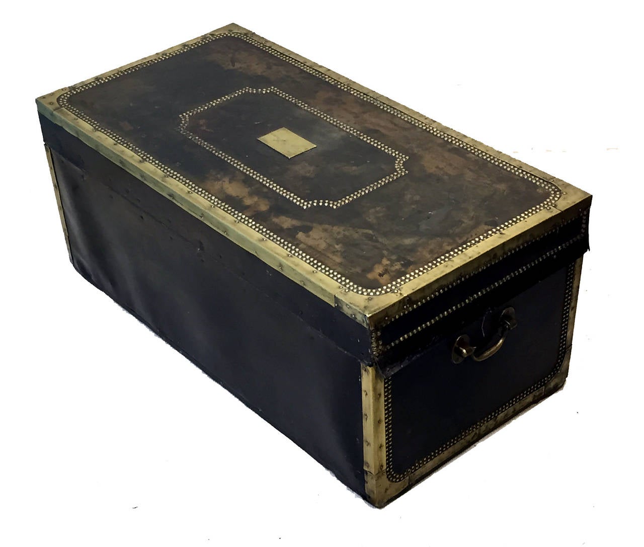 A rare and delightful mid-19th century leather and camphor wood
military campaign trunk having original brass bound decoration
and carrying handles.