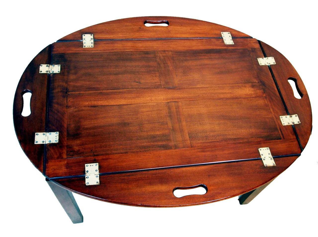 A Georgian Mahogany Oval Butlers Tray 
Of Panelled Construction & Folding Sides	
Housed On Later Square Leg Stand