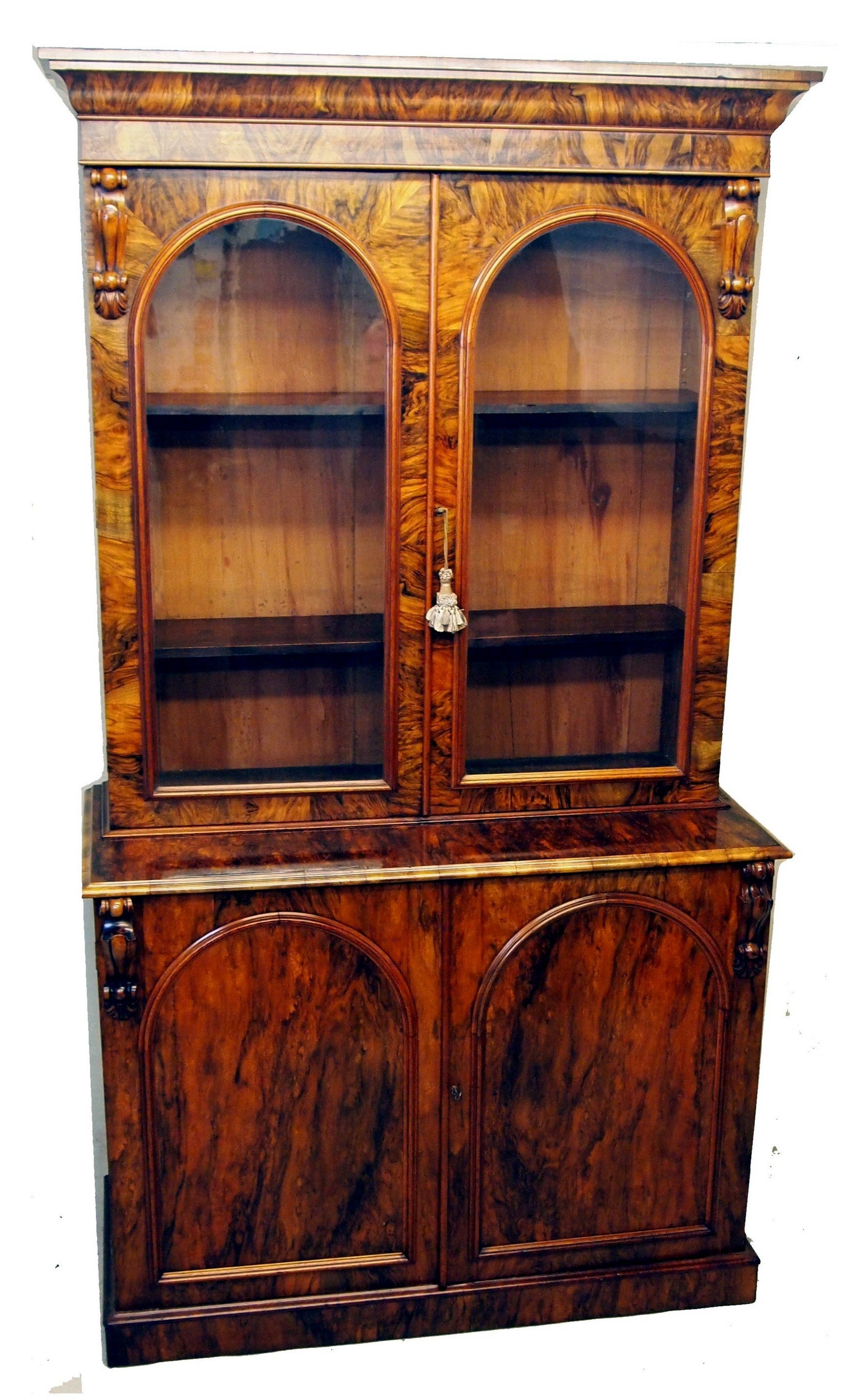 Victorian English Burr Walnut Library Bookcase Antique