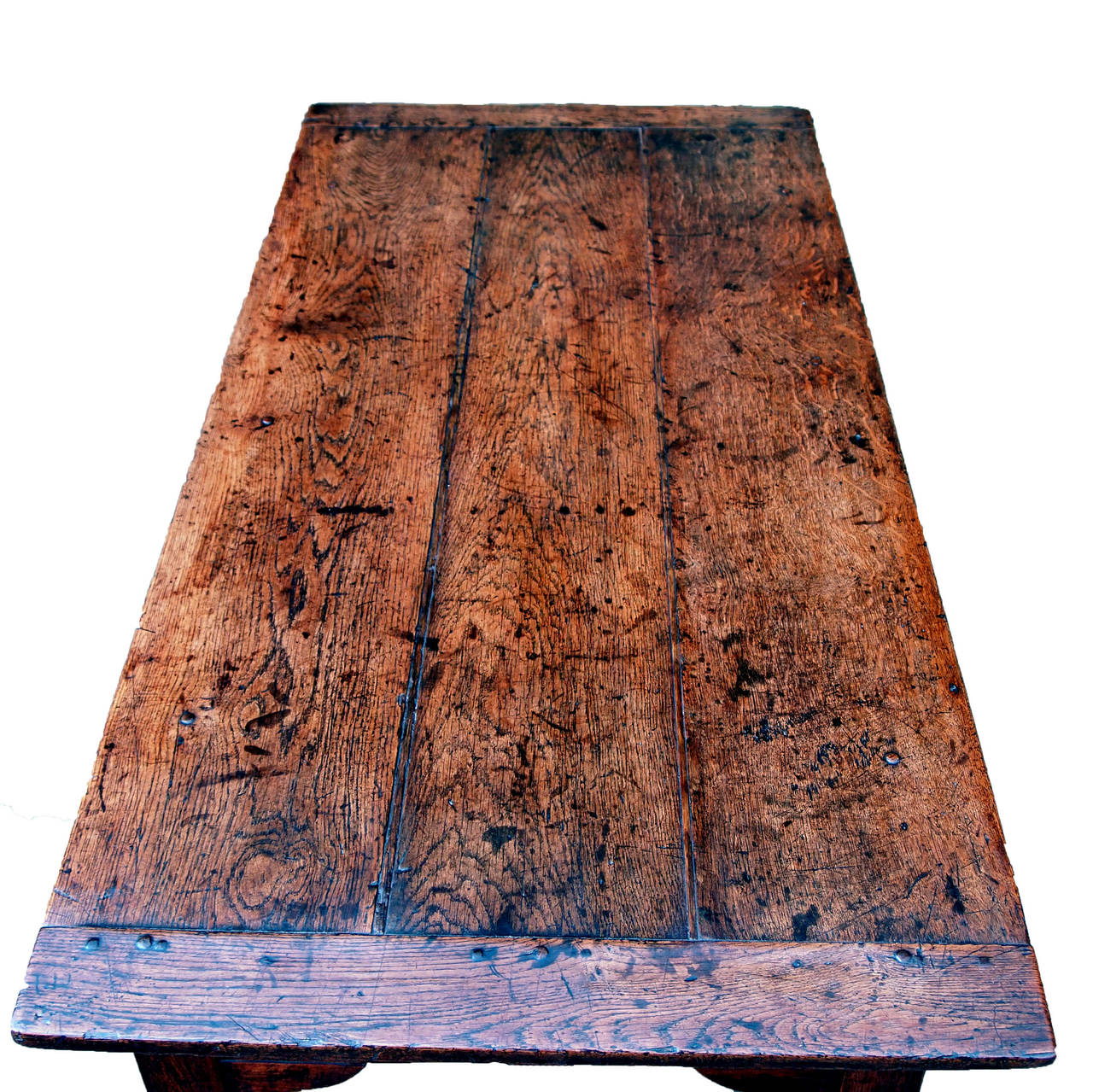 A Delightful Mid 18th Century Oak Dining Table Having Plank Top 
With Cleated Ends Raised On Elegant Turned Legs United By H 
Stretcher Retaining Exceptional Colour And Patina Throughout