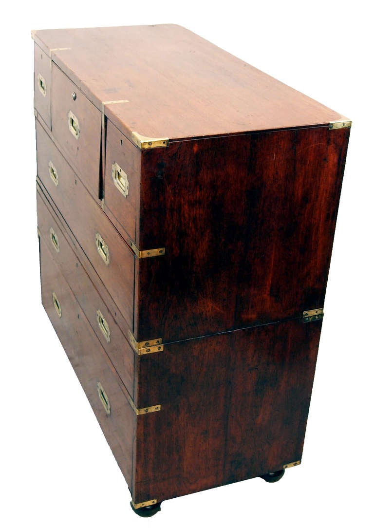 A Superb Quality Mid 19th Century Camphor Wood Military
Campaign Chest Of Five Drawers Having Stunning Removable
Secretaire Drawer With Interior Drawers, Writing Slope And
Divisions Retaining Original Brass Bound Decoration And
Original Flush
