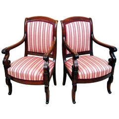 Antique Pair of Mahogany French Empire Library Armchairs 1