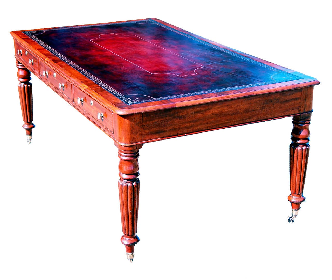 A very good quality late Regency period mahogany partners
writing table of large proportion having replaced gilt tooled
leather to crossbanded top above six frieze drawers raised on
elegant turned and reeded legs on original brass castors.