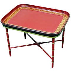 Antique Red Papier Mache Tray On Stand
