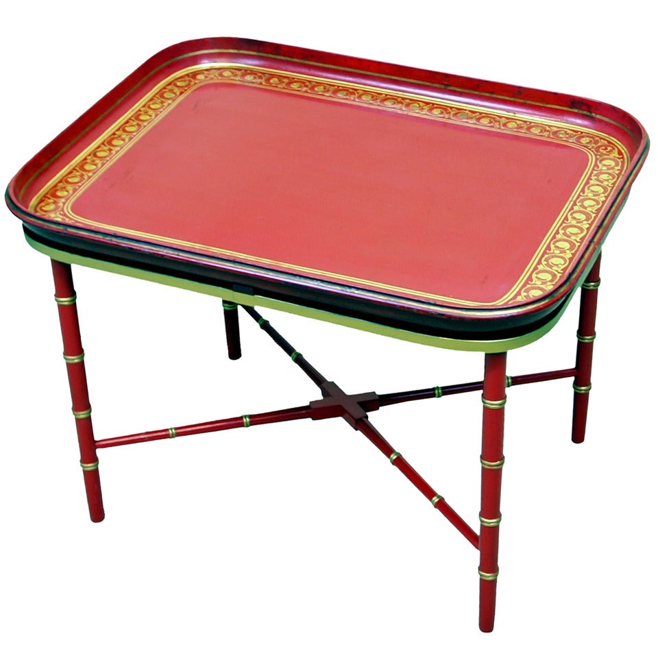 Antique Red Papier Mache Tray On Stand