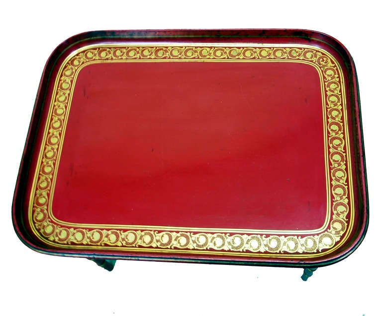 English Antique Red Papier Mache Tray On Stand
