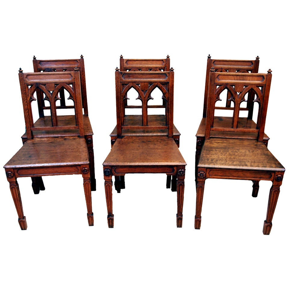 Antique Oak Set of Six Gothic Chairs