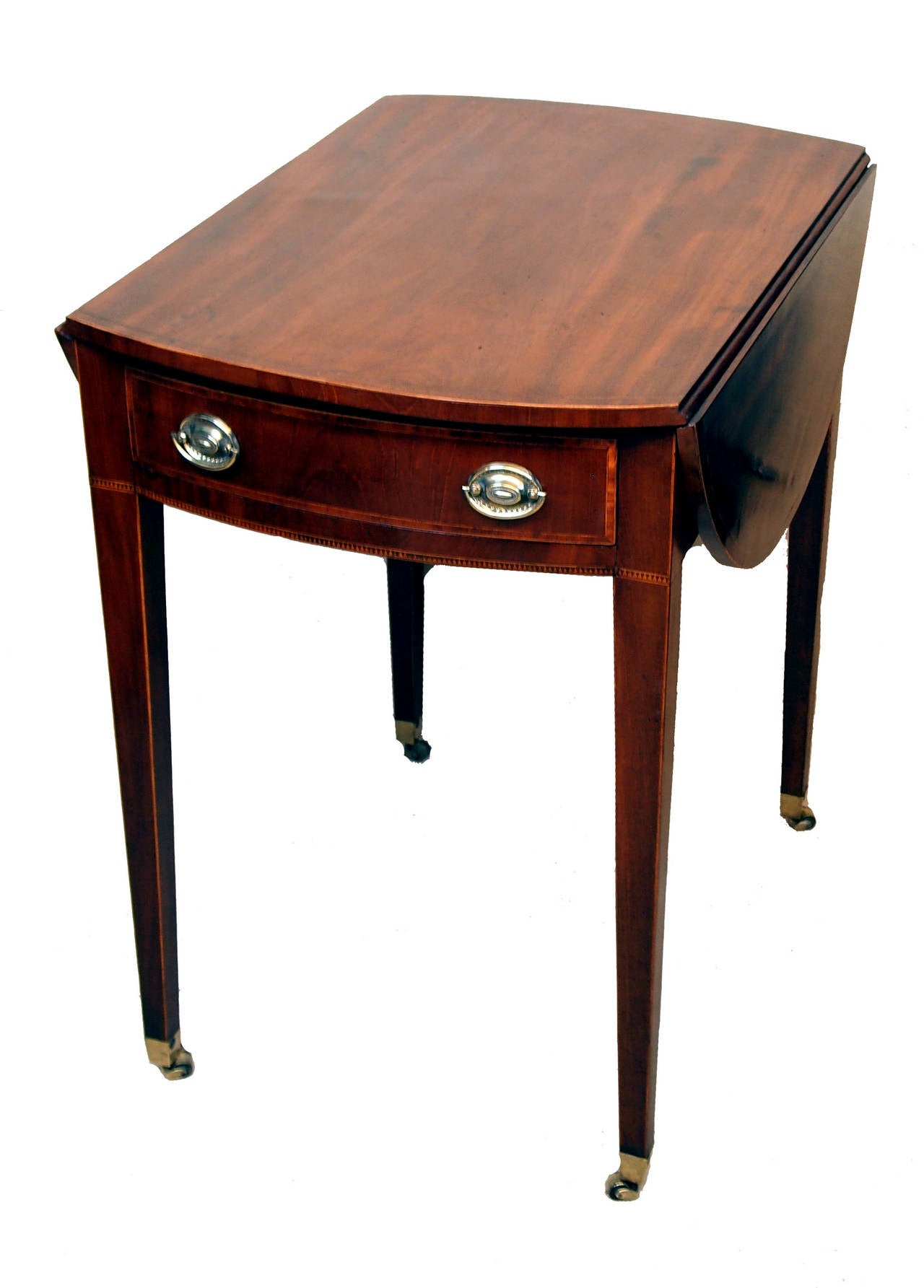 A late 18th century mahogany pembroke table having well figured
top with oval drop flaps and one frieze drawer raised on elegant
square tapering legs.

H - 28.5in.
W - 19.5in (flaps down.) 
W - 36.5in (flaps up.) 
D - 27.5in.