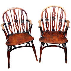 Antique Pair of Yewood Draught Back Windsor Chairs