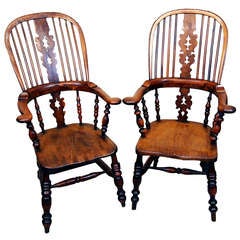Antique Pair Of Yew Broadarm Windsor Chairs