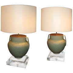 A pair of Celadon vases mounted as lamps