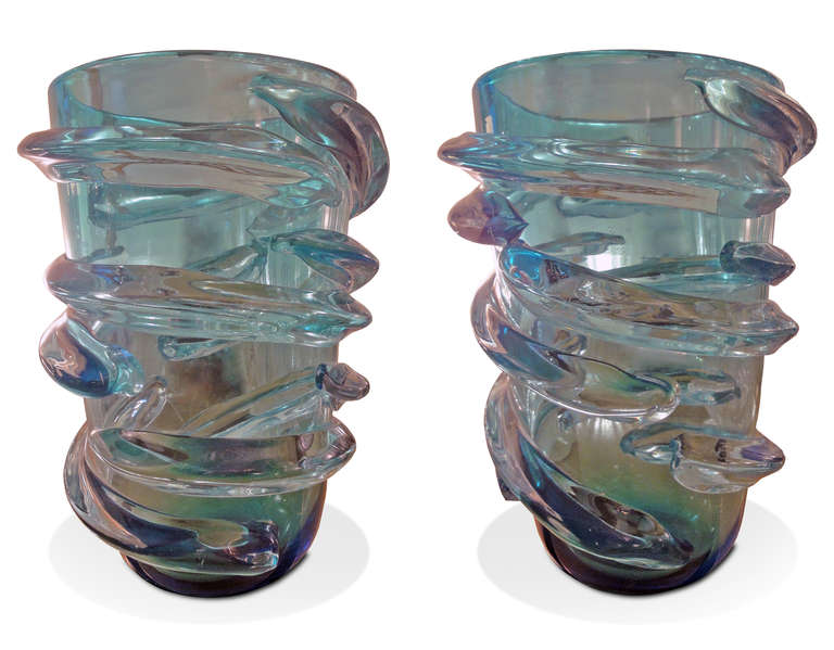 A pair of large blue-coloured Murano glass vases signed Pino Signoretto, decorated with spiralling-motifs.