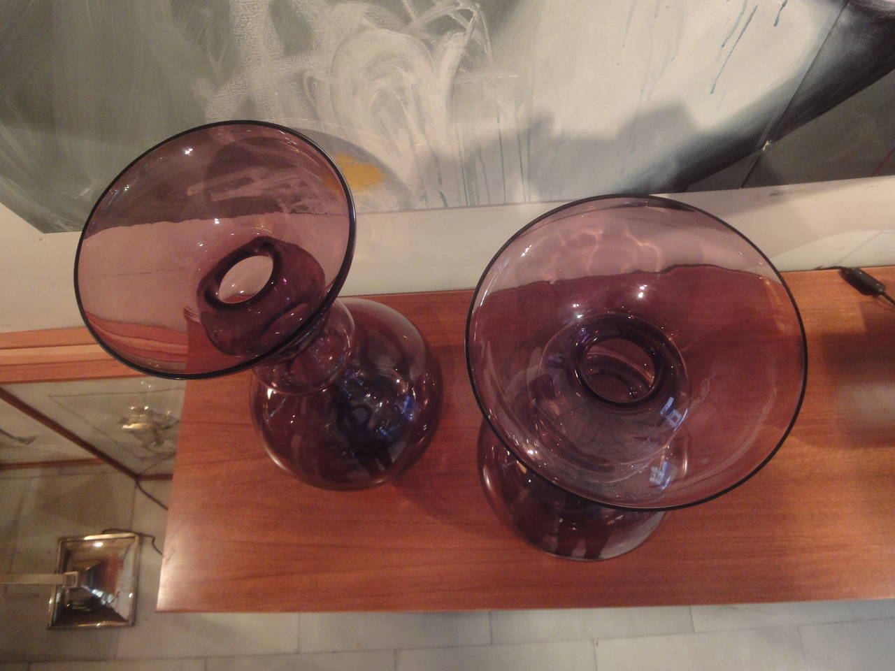 Glass Large Pair of Violet Vases For Sale