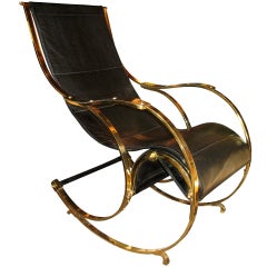 Vintage A Black Leather and Bronze Rocking Chair