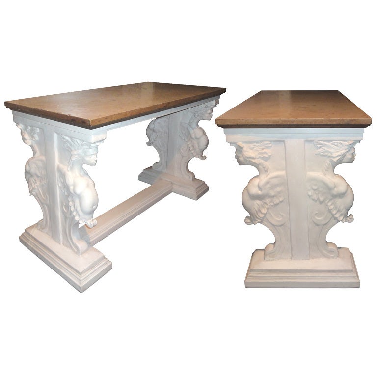 A Pair Of Console Tables With Winged Figures For Sale
