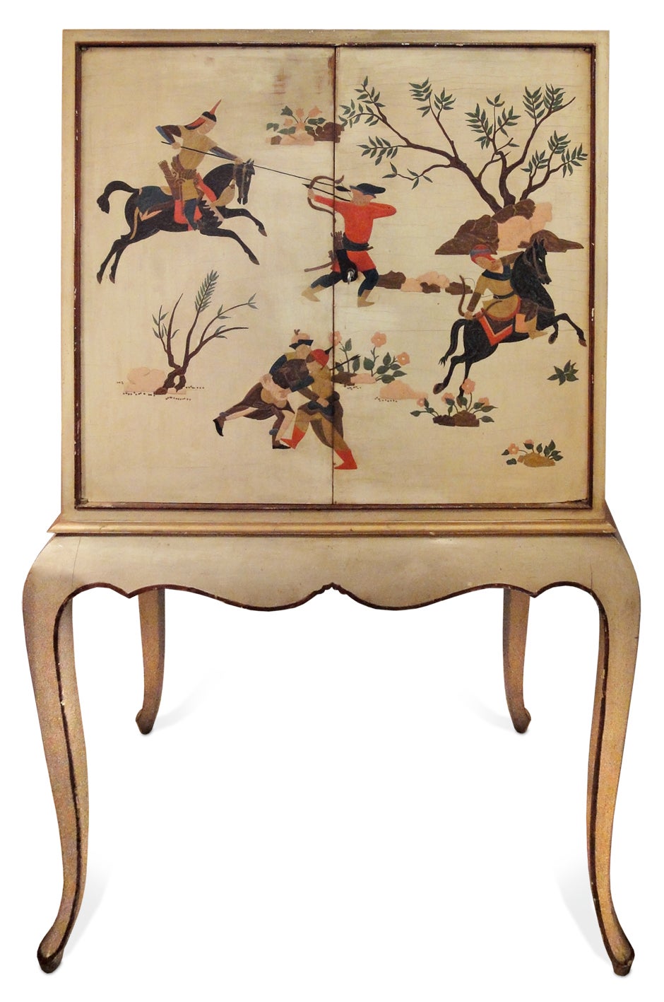 A cream-painted cabinet-on-stand