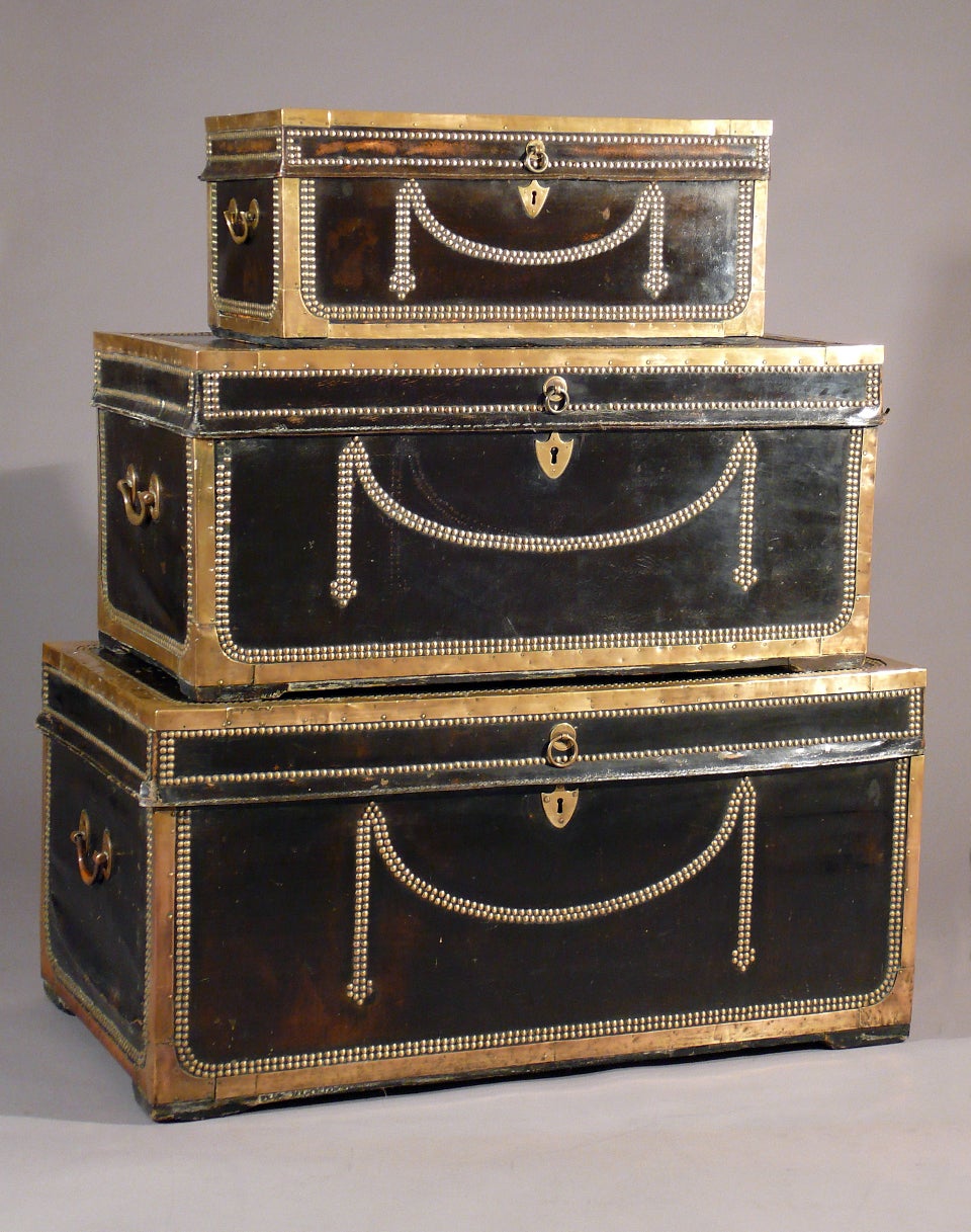 Set of 3 Leather & Camphor Wood Officer's Trunks circa 1800 England
