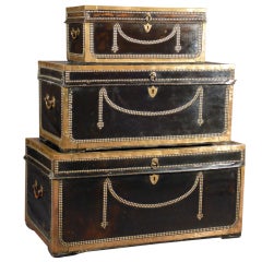 Set of 3 Leather & Camphor Wood Officer's Trunks circa 1800 England