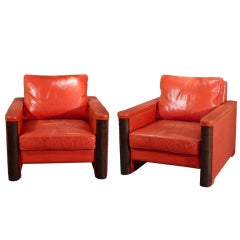 Pair of red leather club armchairs, France 1960's 