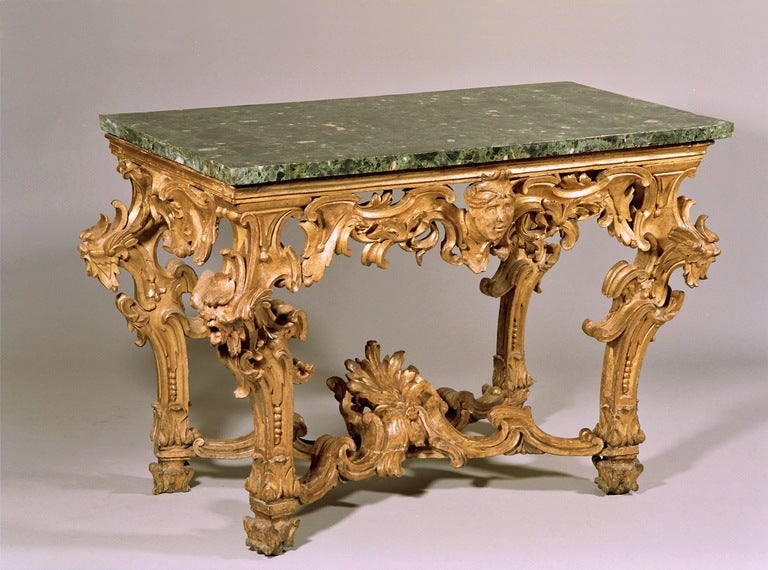 an impressive Roman gilt wood console with original gilt and verde antico marble top, c.1720 Rome