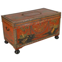 Antique Red Leather Export Trunk with Painted Chinoiserie Decoration, Georgian
