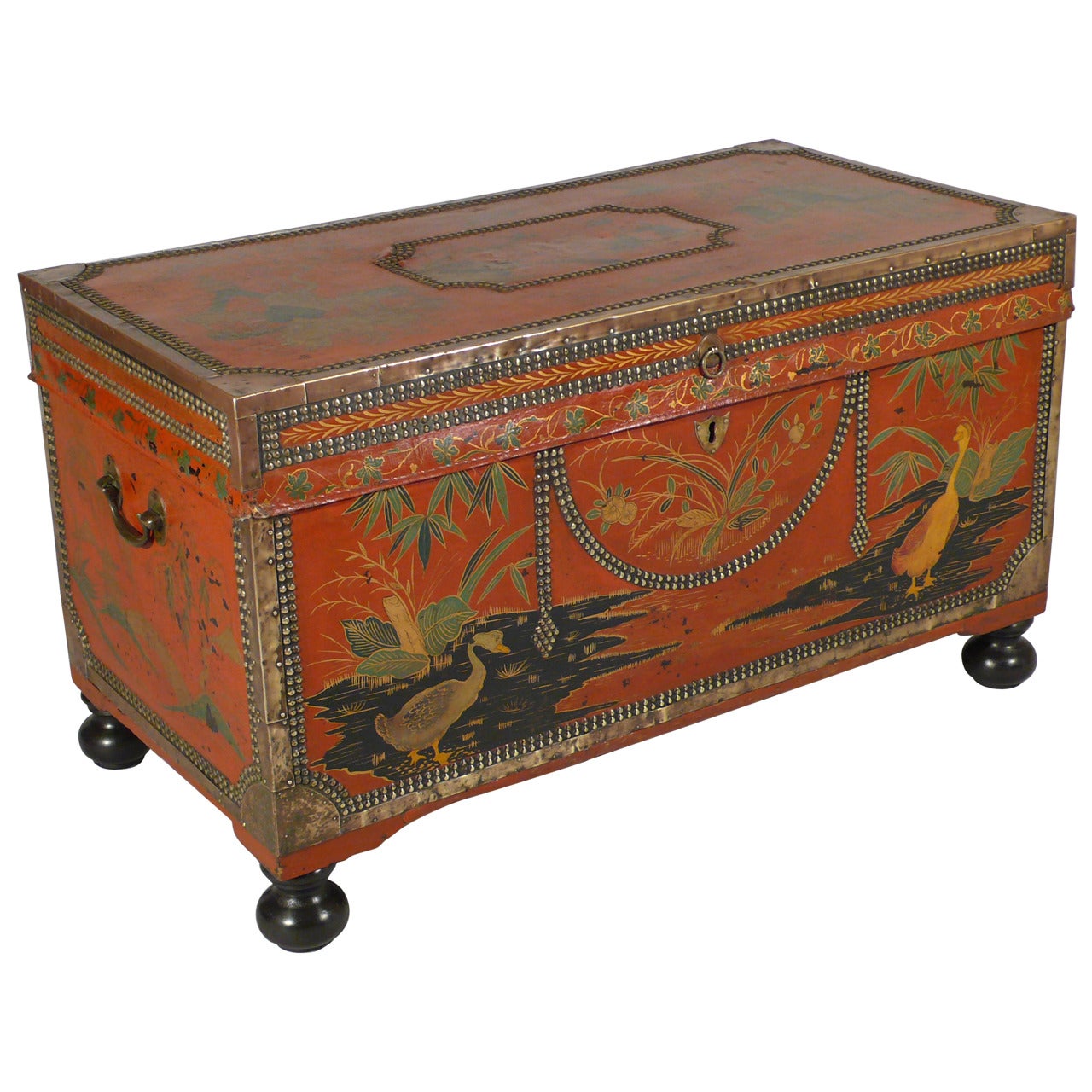 Red Leather Export Trunk with Painted Chinoiserie Decoration, Georgian