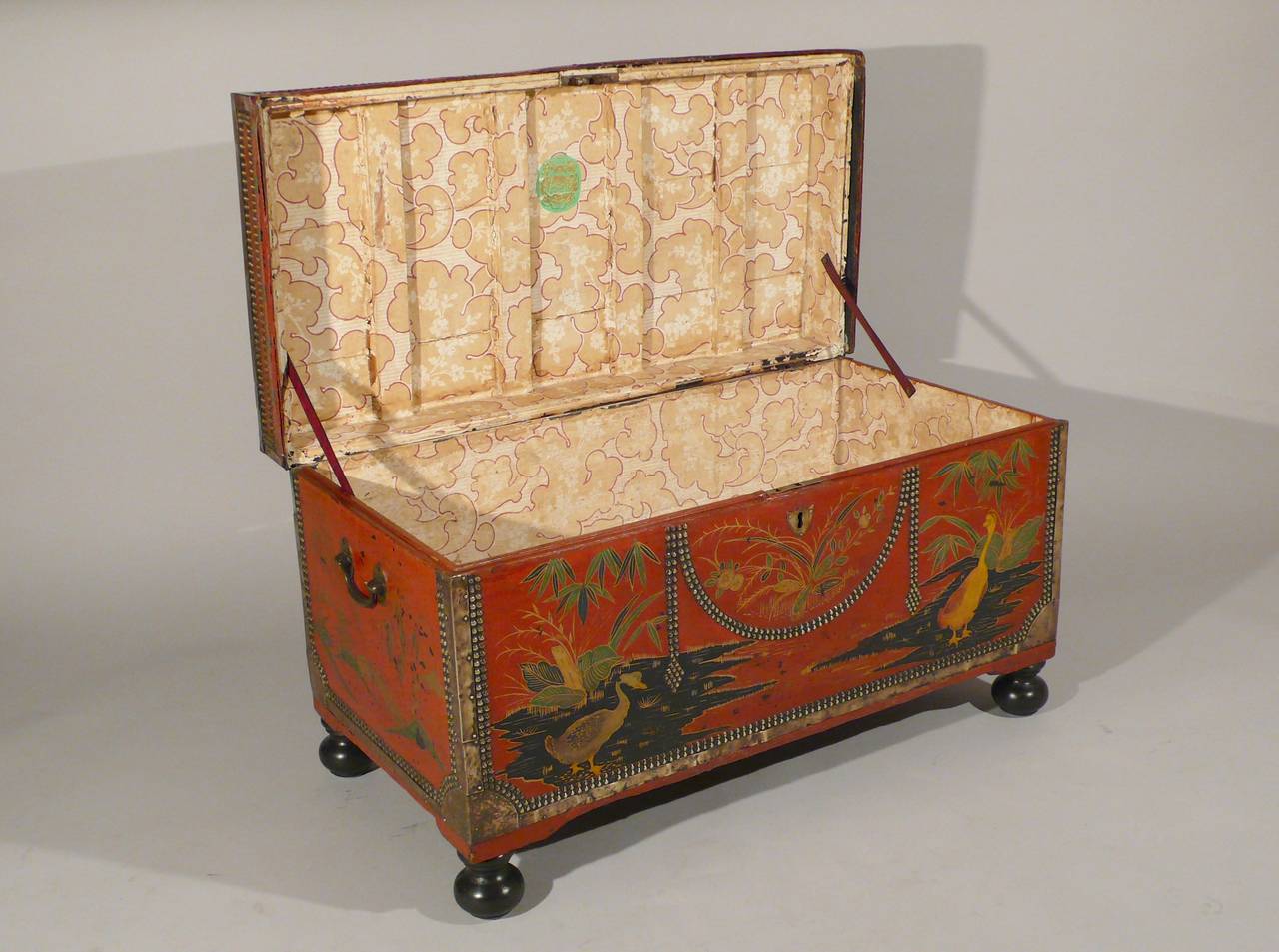 Chinese Red Leather Export Trunk with Painted Chinoiserie Decoration, Georgian