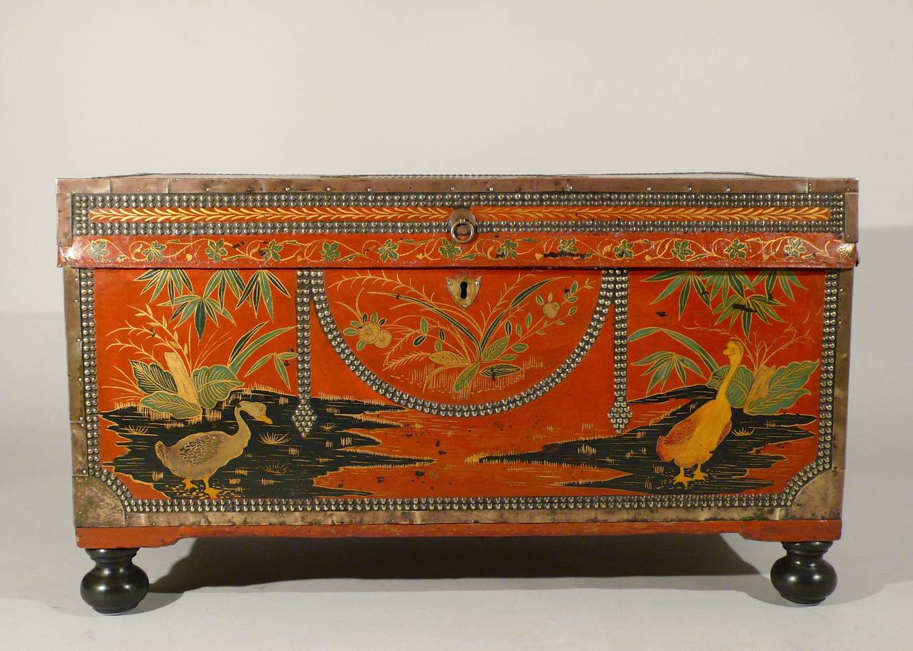 George III Red Leather Export Trunk with Painted Chinoiserie Decoration, Georgian