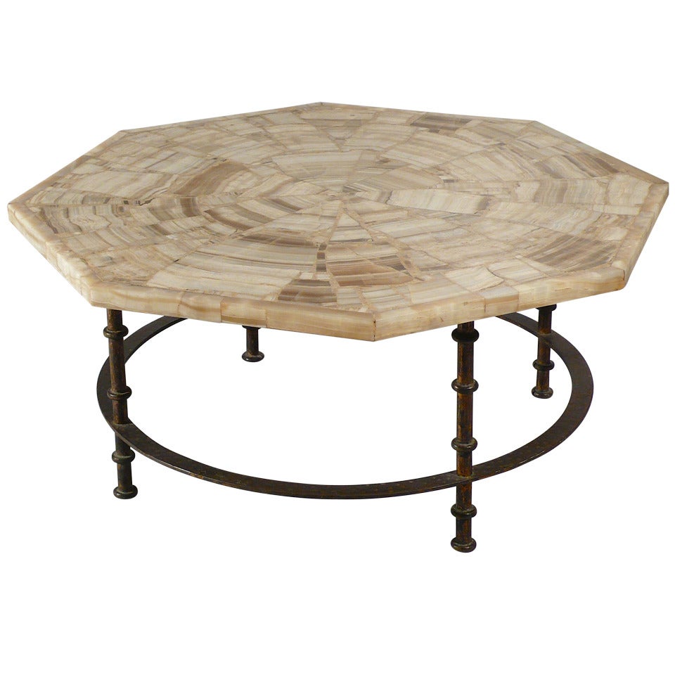Octagonal Coffee Table Onyx Marble Top, Iron Base, Italy, circa 1950