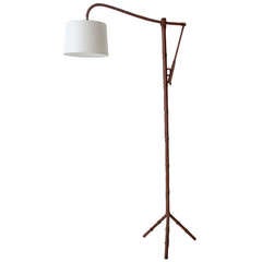 Standing Lamp in Brown Stitched Leather Designed by Jacques Adnet