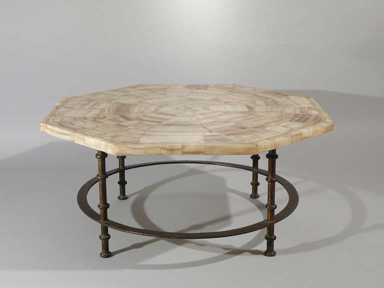 Italian Octagonal Coffee Table Onyx Marble Top, Iron Base, Italy, circa 1950