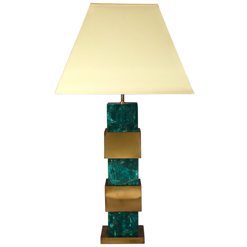 1970's Green Fractal Resin And Brass Table Lamp For Sale