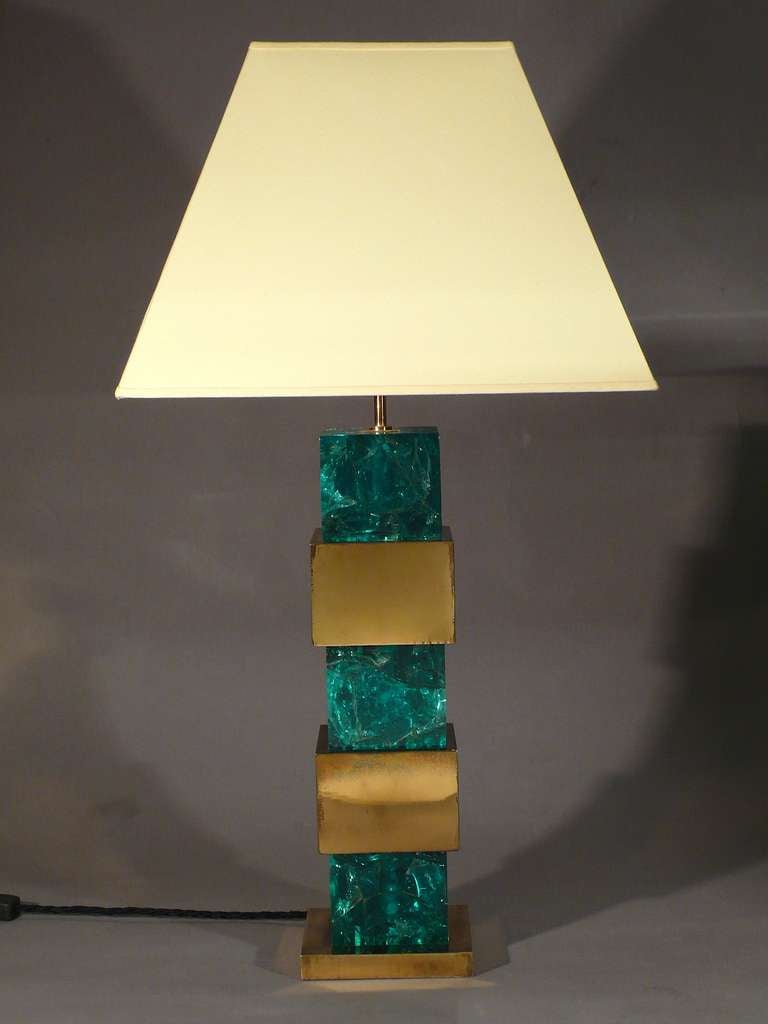 Green fractal resin and brass table lamp attributed to Marie Claude de Fouquieres 1970's France.