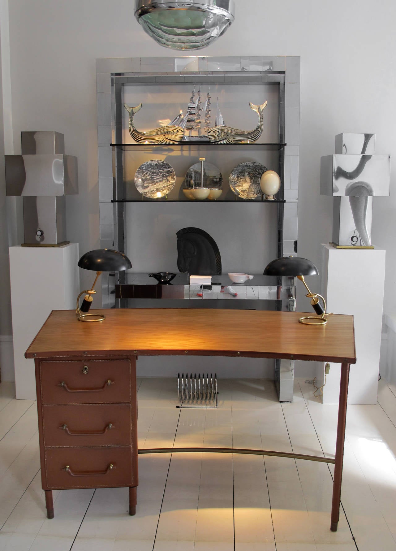 Jacques Adnet Curved Brown Stitched Leather Desk
