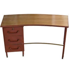 Jacques Adnet Curved Brown Stitched Leather Desk