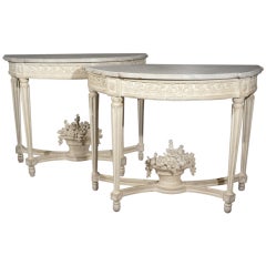 Pair of Louis XVI period white lacquered console tables