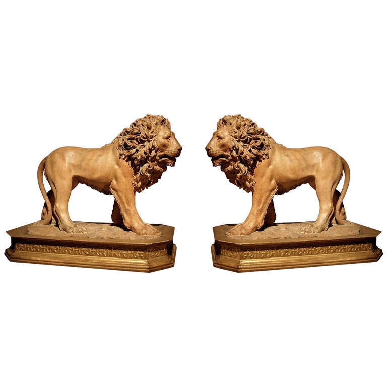 Pair of Terracotta Lions For Sale