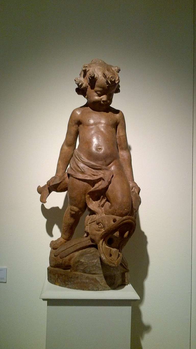 Putto su pesce, 1860-1870.

A terracotta sculpture.

89 cm. high.

Sculpture has been attributed to Francesco Barzaghi (Milano 1839 – Precotto 1892) by Prof. Alfonso Panzetta.