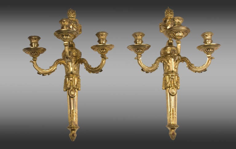 Good Quality Pair of Louis XVI Ormolu Three-Light Appliques, Late 18th Century