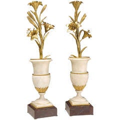 White and Maroon Marble Cups, Gold Flowers in Gilded Bronze with Candleholder