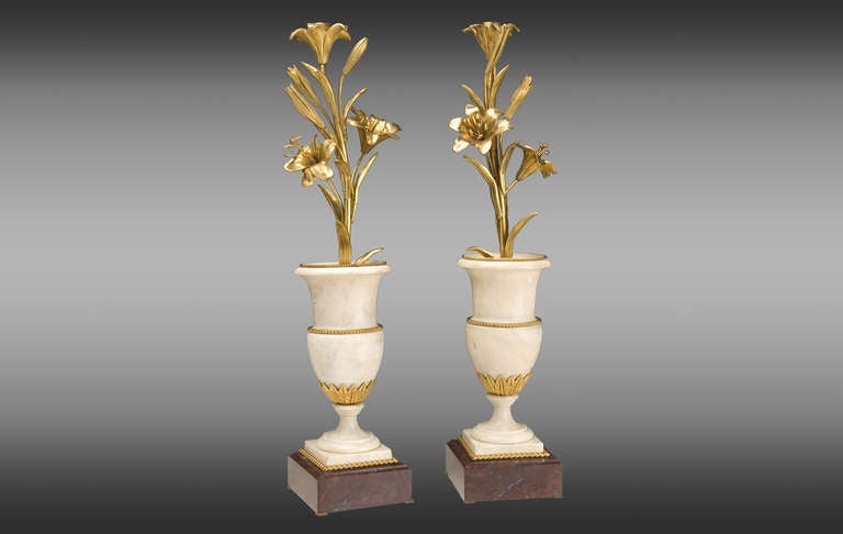 White and Maroon Marble Cups, Gold Flowers in Gilded Bronze with Candleholder