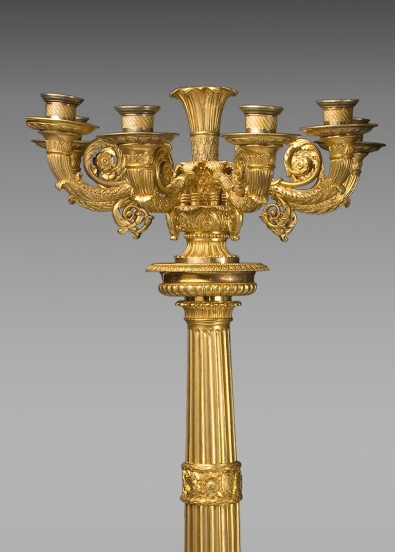 Neoclassical Large Gilt Bronze Six-Light Candelabra from Empire Period For Sale