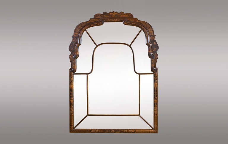 Queen Anne Style black lacquer hand painted oriental mirror. Circa 1920
