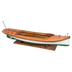 Vintage Navigable Scale Model of Wooden Boat with its Original Engine Battery