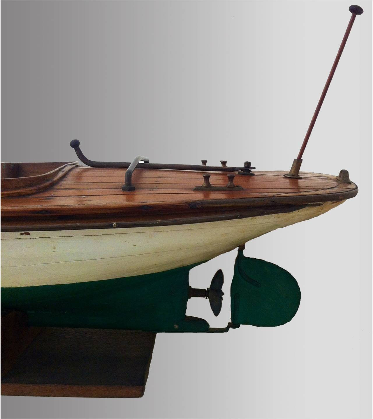 Mid-20th Century Navigable Scale Model of Wooden Boat with its Original Engine Battery