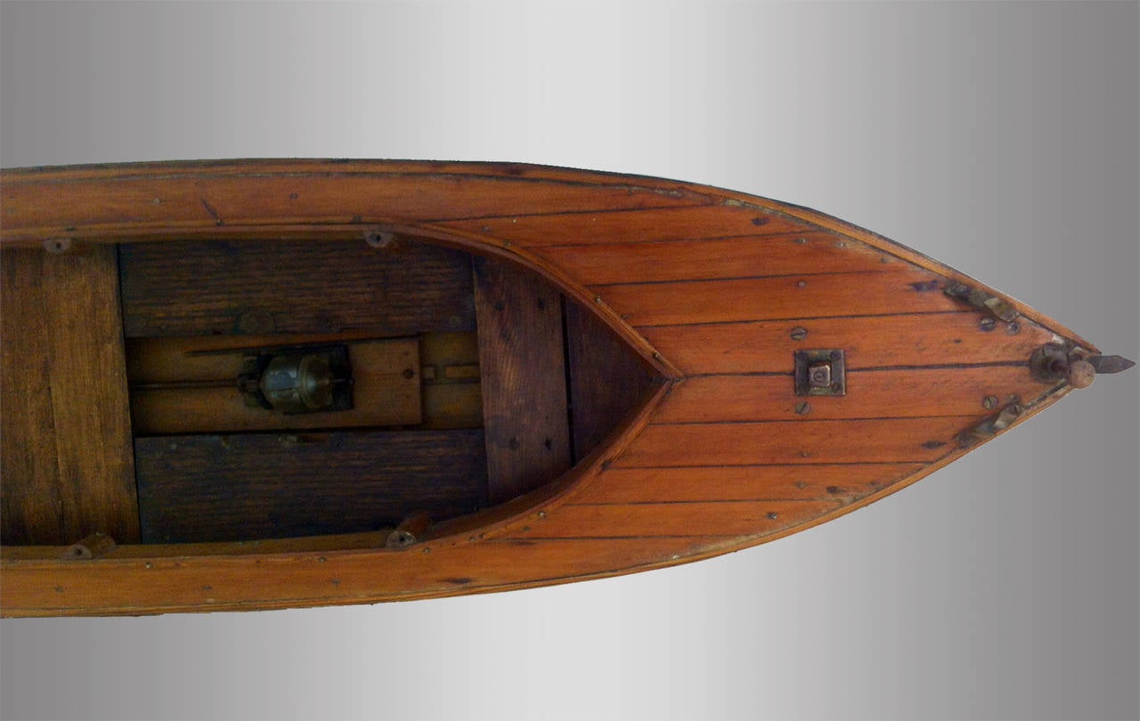 European Navigable Scale Model of Wooden Boat with its Original Engine Battery