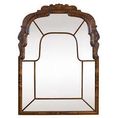 Queen Anne Style black lacquer hand painted oriental mirror. Circa 1920