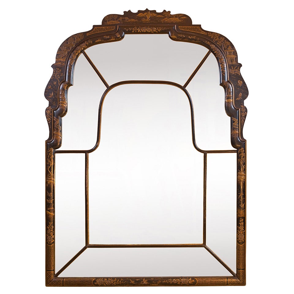 Queen Anne Style black lacquer hand painted oriental mirror. Circa 1920 For Sale