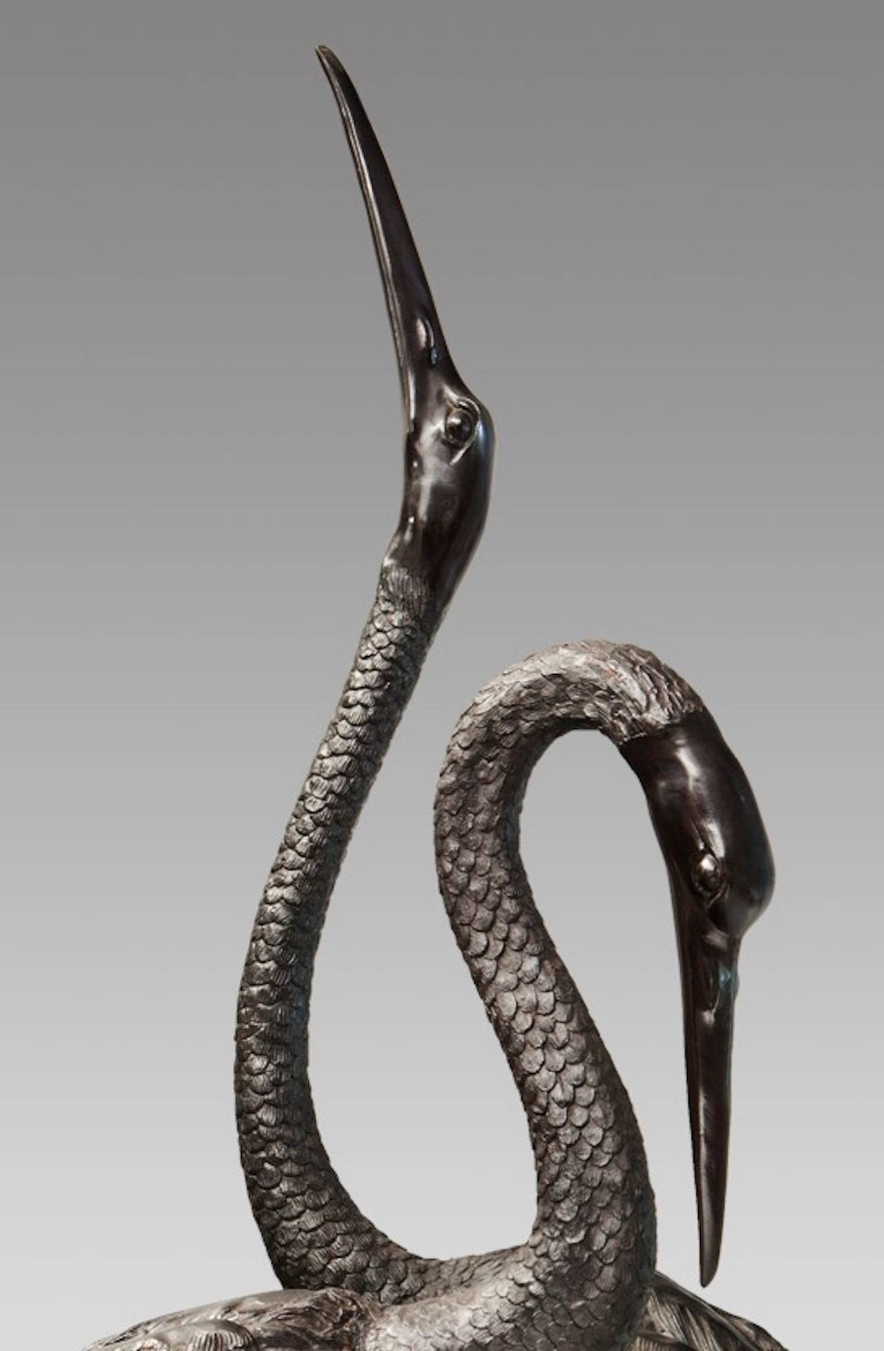 Spectacular and great pair of cranes in Japanese patinated bronze, 20th century. Featuring realistic details of feathers ridged legs and webbed feet.
Measures:
Height: 214 cm. / 165 cm.
Depth: 63 cm. / 65 cm.
Width: 30 cm. / 30 cm.